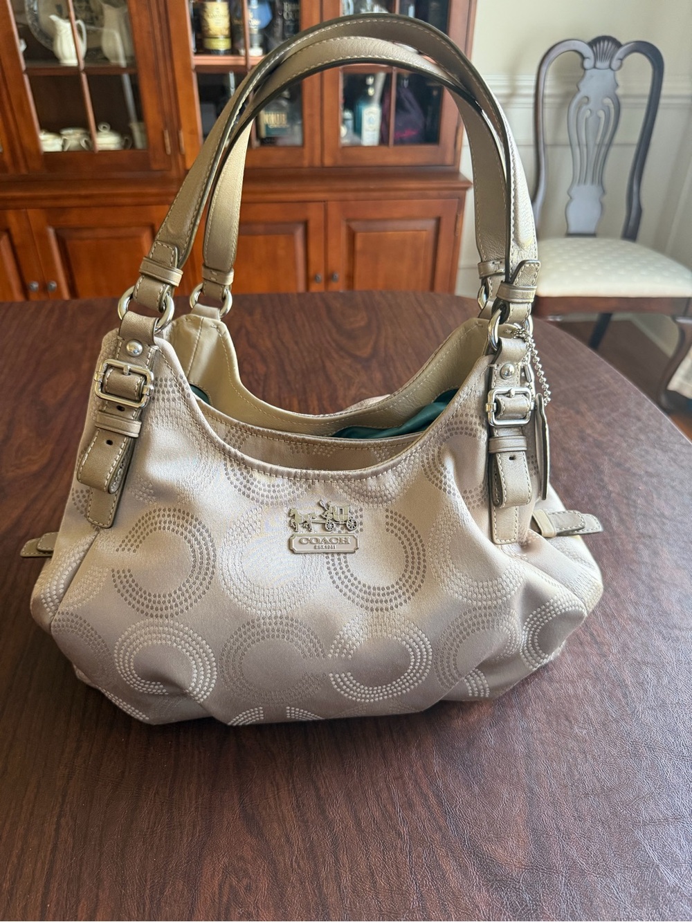 Coach Signature Op Art Metallic Champagne Hobo Shoulder Bag